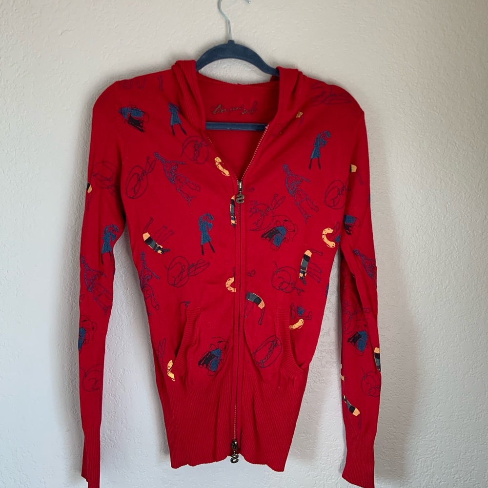 Red Zip-Up Hoodie with Doodle Print